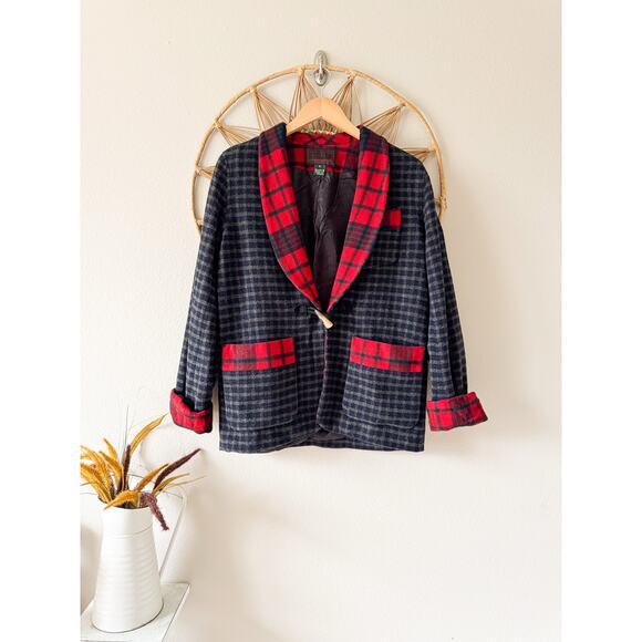 Vtg Ralph Lauren Lambs New Wool  Red Tartan Plaid Festive Blazer Horn Toggle M - Picture 1 of 16